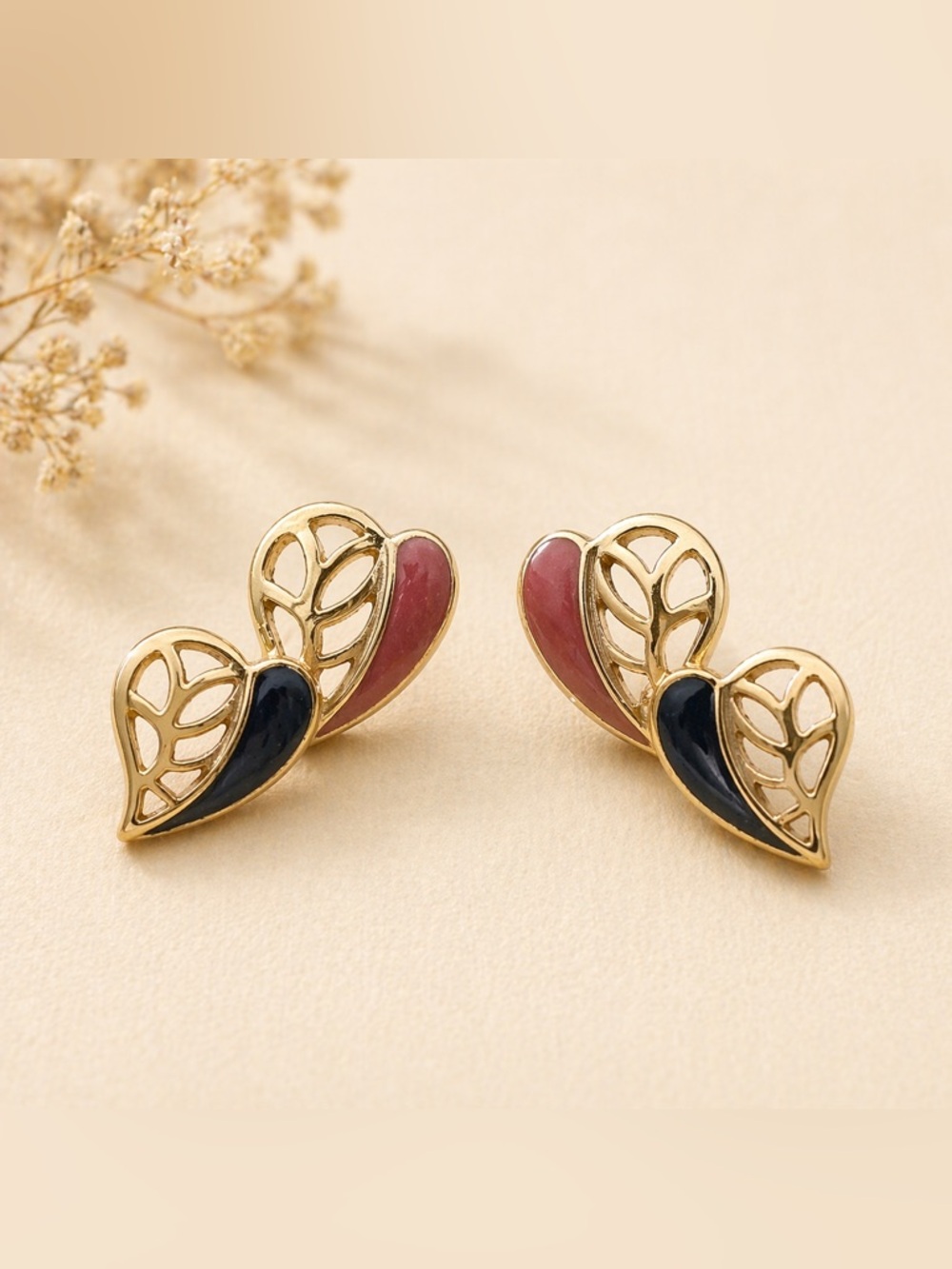 Vintage Double Heart Gold Tone Blue Pink Earrings Stud